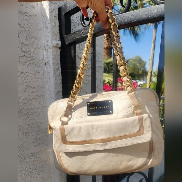 Marc Jacobs Chain Strap White Shoulder Bag Large Satchel Gold Logo Plate Leather - Picture 3 of 10